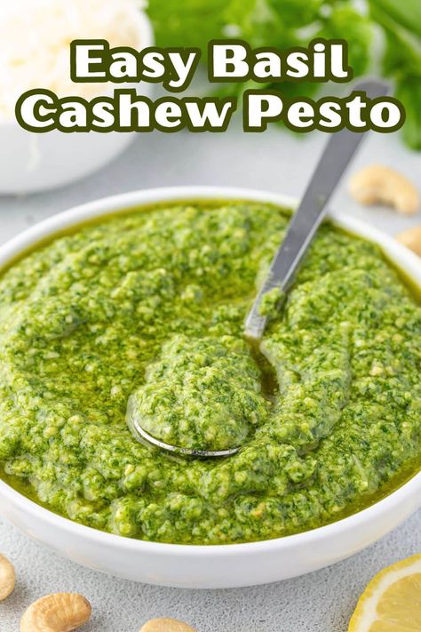 This Basil Cashew Pesto tastes like traditional pesto, swapping expensive pine nuts for readily available cashews. It is budget-friendly and made in just a few minutes. Pesto With Cashews, Easy Basil Pesto Recipe, Classic Pesto Recipe, Easy Basil Pesto, Pasta Sandwich, Carrot Top Pesto, Homemade Basil Pesto, Basil Pesto Recipe, Pesto Sauce Recipe