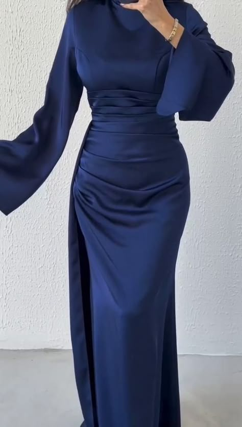 Blue Satin Dress Long, Fashion Bride Dresses, Cute Long Sleeve Dresses, Hijabi Dresses, Blue Long Dress, Blue Satin Dress, Red Satin Dress, Black Dresses Classy, Gowns Dresses Elegant