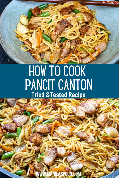 A delicious and easy way to make the Philippines’ favorite noodle dish – Pancit Canton. Whether for dinner, snack or as party food, you can be sure this delicious Pancit Canton would always be a huge hit! Pancit Noodles Filipino Recipes, Easy Pancit Recipe, Canton Noodles Recipes, Filipino Pancit Recipe, Philippine Pancit, Pancit Canton Recipe Filipino, Authentic Pancit Recipe Filipino, Pancit Canton With Egg, Pancit Canton Lucky Me