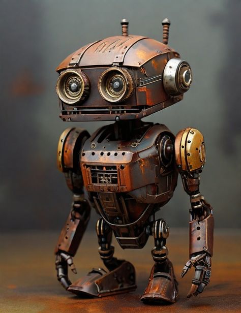 This pin shows a rusty cyberpunk antique robot that looks like it came from a dystopian future. The robot has a lot of details and character, and it would make a great addition to any cyberpunk fan's collection. If you love cyberpunk art, follow this board for more amazing pins! 🤖🔥 Steampunk Robots Concept, Cute Steampunk Robot, Steampunk Robot Concept Art, Homunculus Servant, Steam Robot, Clockwork Robot, Rusty Robot, Old Robot, Wood Robots