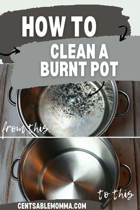 Using just 2 ingredients, check out how to clean the burnt residue from a pot or a scorched pan. I'm amazed at my results! Clean Gas Stove Top, Burnt Pan, Cleaning Burnt Pans, Clean Burnt Pots, Frugal Hacks, How To Clean Silverware, Cleaning Pans, Cleaning Checklists, Diy Household Cleaners