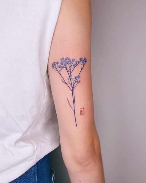 Gypsophila Tattoo, Flower Leg Tattoos, 1st April, Baby Breath, Baby S Breath, Word Tattoos, Pretty Tattoos, Minimalist Tattoo, Blue Heart