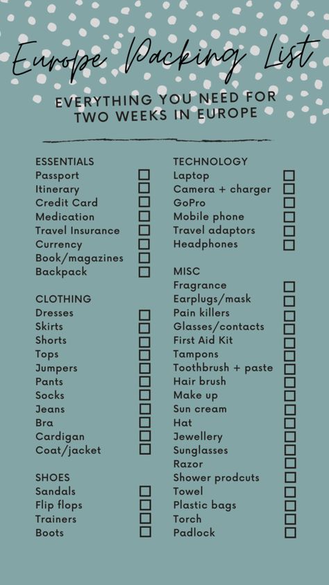 printable packing list for europe 10 Day Packing List Europe Spring, 10 Day Packing List Europe Summer, 1 Week Europe Packing List, Packing List For Spain, European Packing List Summer, Autumn In Europe Packing List, Spain Essentials, Spain Packing List Summer, 2 Week Packing List Europe Summer