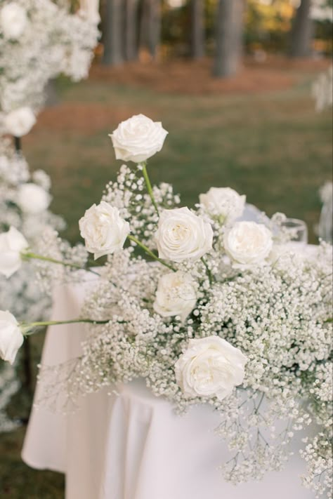 Wedding Table Baby Breath, Baby Breathe Sweetheart Table, Babys Breath And White Roses Wedding, White Flower Petals Down Aisle, Wedding Classy Elegant, White Roses Baby’s Breath Centerpiece, Baby’s Breath Table Runner Wedding, Wedding Flowers White Roses, Wedding Table Garland