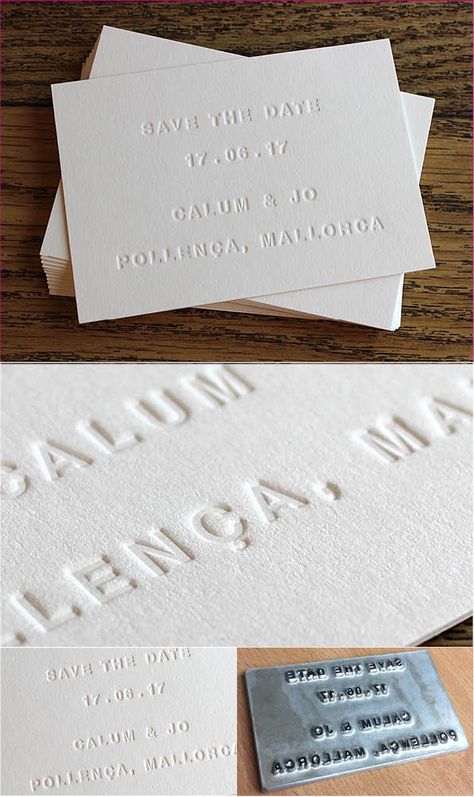 Emboss Save The Date, Modern Minimal Save The Date, Embossed Save The Date Cards, Save The Date Embossed, Save The Date Letterpress, Debossed Cards, Flyer Design Ideas, Business Card Typography, Stencil Design