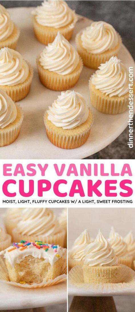 Vanilla Cupcakes with Vanilla Frosting are super moist, light, and fluffy cupcakes packed with vanilla flavor. These kid-friendly sprinkle-covered delights are a perfect party dessert! Easy Vanilla Cupcakes Simple, Wv Recipes, Homemade Vanilla Cupcakes, Vanilla And Chocolate Cupcakes, Homemade Cupcake Recipes, Perfect Cupcakes, Easy Vanilla Cupcakes, Moist Vanilla Cupcakes, Cupcake Recipes From Scratch