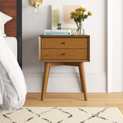 Bedroom Clutter, Bedroom 2023, Mid Century Nightstand, Bedside Storage, 2 Drawer Nightstand, Modern Nightstand, Modern Rustic Interiors, Wood Nightstand, Accent Lamp