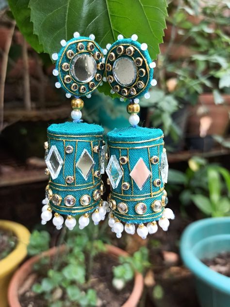 Light weight fabric statement earrings from Fabric Jhumka Earrings, Embroidery Names, Festive Jewellery, Diy Earrings Materials, Jewellery Choker, Exclusive Earrings, Mirror Earrings, Bamboo Jewelry, Diy Earrings Easy