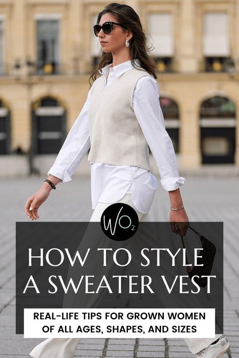 Tips on how to style a sweater vest as a grown woman. How to make the look modern and current, wearable, and not like how we wore it back in the '90s. Checked Vest Outfit, Sweater Vest 2023, Sleeveless Turtleneck Sweater Outfit, Sweater Vest Outfit 2023, Colorful Sweater Vest Outfit, How To Wear A Sweater Vest Women, Striped Sweater Vest Outfit, How To Style Black Vest, Women’s Sweater Vest Outfit