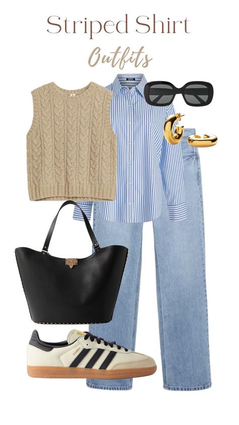 Shirt And Jeans Outfit, Striped Shirt Outfit, Looks Adidas, Samba Outfit, Mode Tips, Spring Capsule, Casual Day Outfits, Looks Street Style, Casual Work Outfits