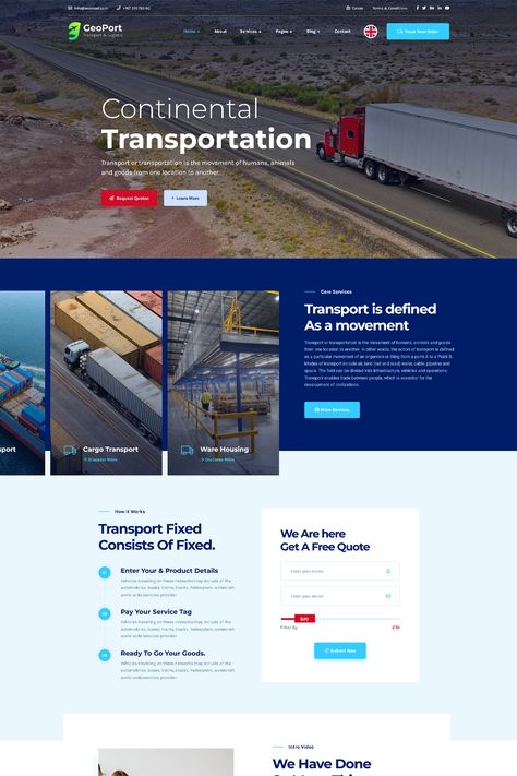 GeoPort is a transport and logistics WordPress theme designed specifically for transportation and logistics companies, freight services, and cargo shipping businesses. It offers a range of features and functionalities to showcase your services, manage shipments, and provide a user-friendly experience for your customers. Logistics Design Creative, Truck Website, Logistics Design, Transport Logistics, Freight Transport, Logistics Company, Web Site Design, Social Link, Creative Advertising Design