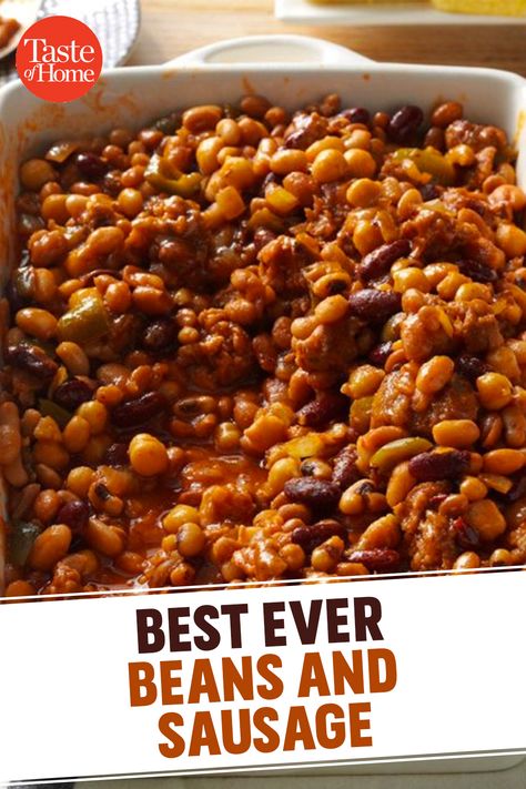 Best Ever Beans And Sausage, Sausage Beans, Baked Beans With Italian Sausage, Sausage Bean Casserole, Smoked Sausage And Beans, Cowboy Beans With Sausage, Bake Beans With Sausage, Baked Beans Sausage, Beans And Sausage Recipe