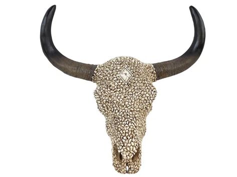 Union Rustic Southwestern White Pebble Longhorn Bull Cow Skull with Golden Horn Accent Hanging Wall Décor | Wayfair Cow Skull Decor, Macabre Decor, Longhorn Bull, Skull Wall Decor, Fabric Wall Decor, Golden Horn, Longhorn Cow, Bull Cow, White Pebbles