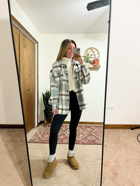 Shacket And Turtleneck Outfit, Mini Uggs Boots With Socks, Ugg Boots Outfit Work, Shacket And Uggs Outfit, Casual Winter Outfits Flannel, Ugh Mini Boots Outfit Leggings, Uggs And Flannel Outfit, Ultra Mini Uggs Outfit Fall, Cute Flannel Outfits Fall Leggings