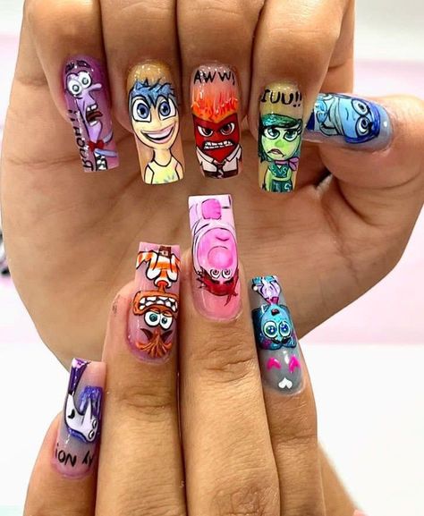 Inside Out Nails, Inside Out Feelings, 90s Cartoon Nails Acrylic, Colorful Manicure, Disney Themed Nails, Joy Nails, Bird Nail Art, Sailor Moon Nails, Fun Halloween Nails