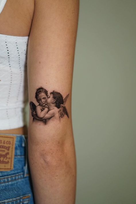 Cherub Tattoo Placement, Cherub Kissing Tattoo, Realism Angel Tattoo, Cherub Angel Tattoo, Cherubim Angels Tattoo, Kiss Tattoos, Cherub Tattoo, Angel Kisses, Demon Tattoo