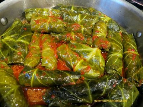 Stuffed winter greens or Swiss chard with ground meat and rice in hot pepper sauce - delicious Stuffed Swiss Chard, Ground Meat And Rice, Tomato Paste Sauce, Stuffed Vine Leaves, Mint Yogurt, Winter Greens, Hot Pepper Sauce, Hot Pepper, Swiss Chard