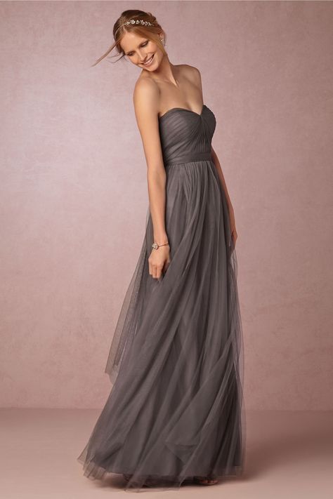 strapless dark grey bridesmaids dress | Annabelle Dress by Jenny Yoo for BHLDN Dark Grey Bridesmaid Dresses, Dark Grey Dress, Bhldn Bridesmaid, Annabelle Dress, Grey Bridesmaids, Bridesmaid Ideas, Bridesmaid Dresses Strapless, Tulle Bridesmaid Dress, Grey Bridesmaid Dresses