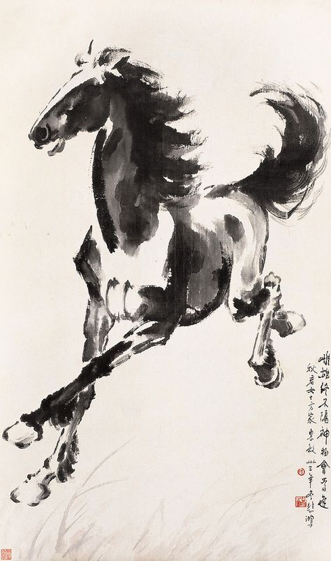 Xu Beihong (徐悲鴻, 1895-1953) was primarily known for his Shui-mo Hua (Chinese ink-and-wash painting) of horses and birds Xu Beihong's Horses | Chinese Painting | China Online Museum Chinese Horse, Painted Horses, Chinese Ink Painting, Sumi E Painting, Art Chinois, Chinese Art Painting, Horse Posters, Running Horse, Chinese Brush Painting