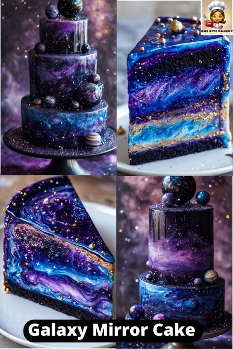 Cake Designs Galaxy, Galaxy Ice Cream Cake, Galaxy Wedding Cake Ideas, Space Cat Cake, Space Themed Wedding Cake, Fantasy Cakes Birthday, Cosmic Wedding Cake, Galaxy Theme Dress, Celestial Cake Ideas