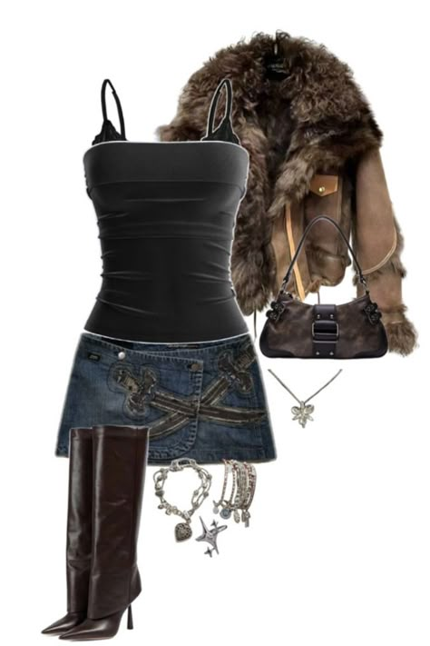 [CommissionsEarned] Heels, Brown Boots, Brown Heels, Heeled Boots, Boots, Mini Skirt, Denim Mini Skirt, Denim Skirt, Silver, Silver Jewellery, Bag, Small Bag, Fur, Fur Jacket, Brown And Black Outfit, Black Top, Tube Top, Black Tube Top #denimskirtoutfit Brown Heels Outfit, Brown And Black Outfit, Boots Mini Skirt, Tube Top Black, Mini Skirt Denim, Jewellery Bag, Black Tube Top, Heels Brown, Denim Skirt Outfits