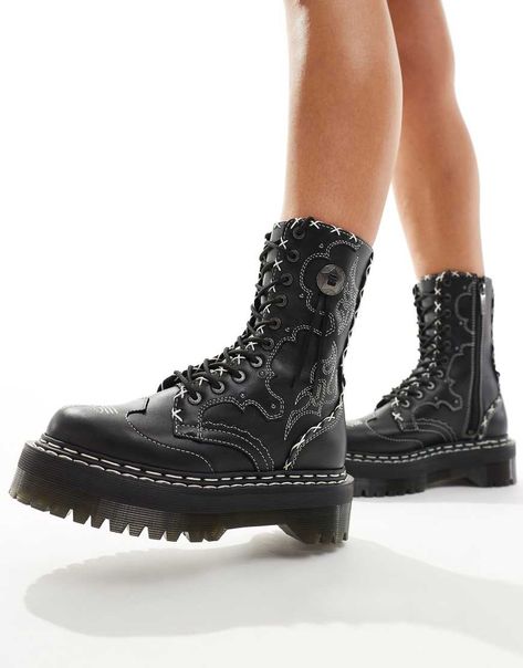 Shoes by Dr Martens We like your style Lace-up fastening Side zip detail Western design Round toe Chunky sole Lugged tread Western Gothic, Dr Martens Jadon, Nike Air Max Jordan, Gothic Boots, Western Design, Winter Party Dress, Leggings Sale, Black Long Sleeve Dress, Jumpsuit Shorts Rompers