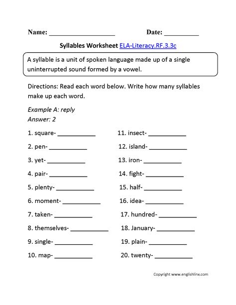 Syllables Worksheet 1 ELA-Literacy.RF.3.3c Reading Foundational Skills Syllables Worksheet, Phonics Worksheets Grade 1, 3rd Grade Words, Reading Foundational Skills, Common Core Language, Ela Worksheets, Language Arts Worksheets, Multisyllabic Words, Literacy Worksheets