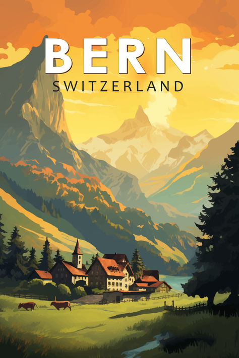 Stylized representation of Bern, Switzerland in a retro art design, accentuating the city's iconic features and historic charm. Switzerland Poster Vintage, Switzerland Decor, Jungfrau Switzerland, Switzerland City, Switzerland Wallpaper, Switzerland Poster, Switzerland Painting, Travel Brochure Design, Swiss Art