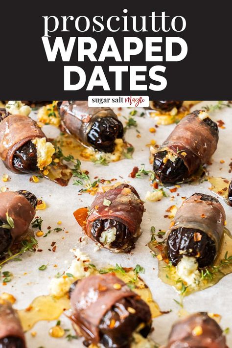 You can't go wrong with these prosciutto wrapped dates for a quick and easy appetizer. Stuffed with goats cheese and baked, your guests will love them. Figs Wrapped In Prosciutto, Goat Cheese Stuffed Dates Prosciutto, Appetizers Using Dates, Fig And Prosciutto Appetizer, Fig Goat Cheese Prosciutto Appetizers, Whipped Feta Stuffed Dates, Prosciutto Wrapped Figs, Stuffed Dates Recipes Appetizers, Dates With Cream Cheese