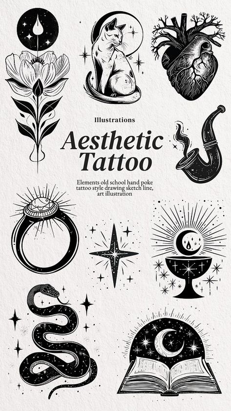 Editable aesthetic tattoo design element set | premium image by rawpixel.com / Aum Aesthetic Tattoo Design, Black Line Tattoo, Hand Poked Tattoo, Tattoo Style Drawings, About Tattoo, Poke Tattoo, Aesthetic Tattoo, Aesthetic Things, Aesthetic Aesthetic