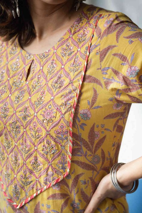 Embroidery On Printed Fabric Kurti, Chikankari Design, Farida Gupta, Printed Kurti Designs, Cotton Tops Designs, Smart Pants, Simple Kurta, Indian Kurti Designs, New Kurti Designs