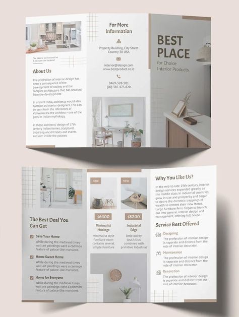 Interior Trifold Brochure Design Template PSD Tri Fold Brochure Design, Design De Configuration, Interior Brochures, Graphical Design, Brochure Design Layouts, Interior Design Template, Brochure Design Layout, Trifold Brochure Design, Brochure Template Psd