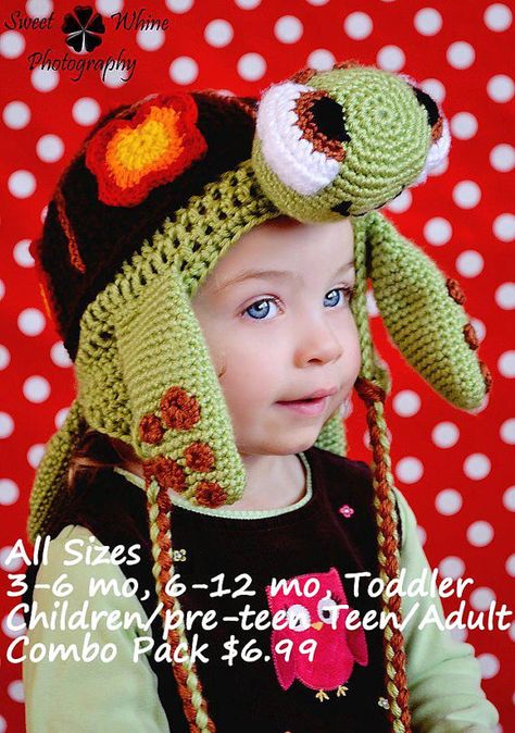 Sea Turtle Ear Flap Hat Dual set ALL SIZES SET by HatsandWhatKnots, $6.99 Croquet Animals, Reptile Crafts, Turtle Hat, Crochet Character Hats, Crochet Animal Hats, Turtle Crafts, Flap Hat, Ear Flap Hats, Crochet Cap