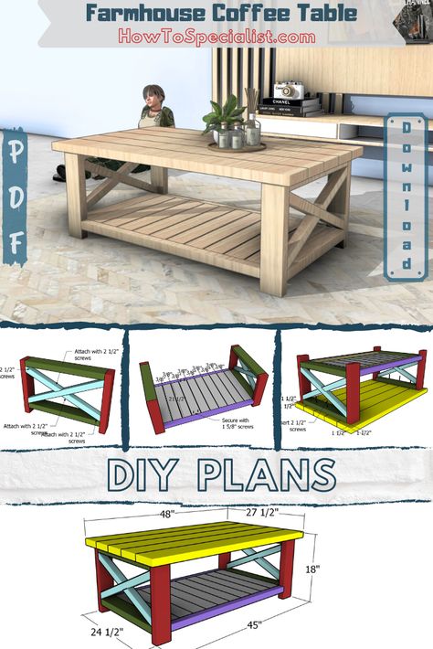 Farmhouse Coffee Table – Free Plans | HowToSpecialist - How to Build, Step by Step DIY Plans Farmhouse Coffee Table Diy, Diy Coffee Table Plans, Tv Stand Plans, Farmhouse Style Coffee Table, Diy Farmhouse Coffee Table, Farmhouse Coffee Table, Coffee Table Plans, Modern Farmhouse Diy, Woodwork Ideas