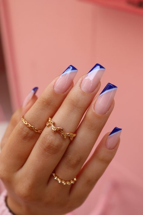 Blue French Tip Nails Square With Design, Blue Nails Extensions, Classy Royal Blue Nails, French Royal Blue Nails, Short Square Acrylic Nails Royal Blue, French Extensions Nails, Cobalt Blue Nails French Tip, Short Square Acrylic Nails Blue French Tips, Dark Blue French Tip Nails With Design