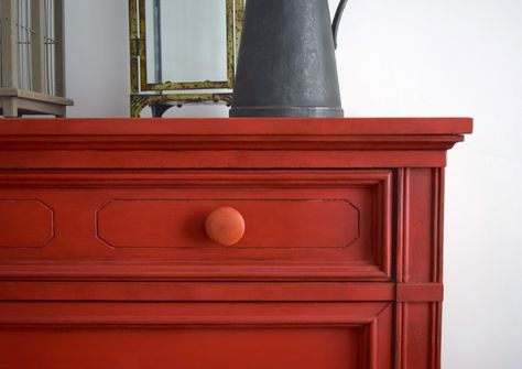 Poppyseed Creative Living: Red Tallboy Dresser - Painted with ... Red Painted Furniture, Orange Paint Colors, Annie Sloan Colors, Tallboy Dresser, Orange Furniture, Dresser Painted, Chalk Paint Colors, Chalk Paint Projects, Annie Sloan Paints