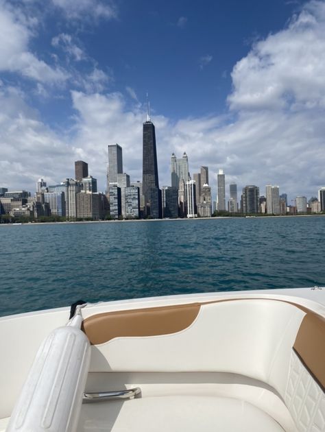 view of chicago skyline from a boat on the lake michigan Chicago Boat Tour, Nyc Boat Aesthetic, Boat Driving Aesthetic, Summer Boat Aesthetic Lake, Sunset Boat Ride, Senior Trip, City Vibe, Windy City, Boat Tours