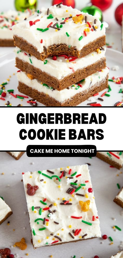 Soft and chewy gingerbread cookie bars frosted with cream cheese frosting. Easy Christmas dessert. Gingerbread Bars With Eggnog Frosting, Christmas Magic Cookie Bars, Christmas Cookies And Bars, Christmas Dessert Bars, Holiday Cookie Bars, Christmas Dessert Bar, Brownie Deserts, Christmas Bars, Gingerbread Cookie Bars