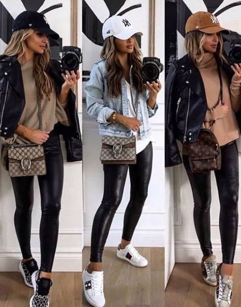 En el post de hoy te mostramos Los mejores Looks con Visera de 2021. El objetivo es que puedas usar tu visera en Modo Experta, sancando el máximo partido a uno de los complementos estrellas de 2021. Casual Outfits With Black Leather Jacket, Leggings And Hat Outfit Casual, Casual Outfit Sneakers Women, Everyday Women Outfits, Sport Bar Outfit, Casual Outfit Fall 2024, Sixty Degree Weather Outfits, Trendy Winter Outfits 2024, Black And White Sneakers Outfit