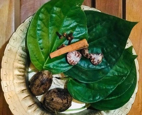 Considered as a high honorary and significant combination in Assamese society Tamul- Paan is simply translates to Areca Nut aka Supari and Betel Leaves in English. Traditionally, in Assam ‘Tamul Paan' is eaten with a bit of lime which is commonly called 'chun' and tobacco, commonly called 'sadha' Assamese Culture, Areca Nut, Variety Food, Emoji Coloring Pages, Betel Nut, God Artwork, Korean Photo, Northeast India, Easy Doodle