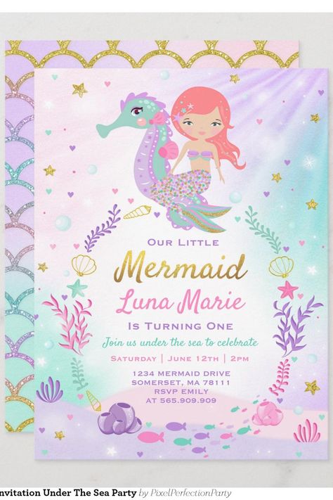 Mermaid Birthday Invitation Under The Sea Party The Little Mermaid Birthday Party, Little Mermaid Birthday Party, Mermaid Birthday Party Invitations, Birthday Party Invitations Free, Mermaid Birthday Decorations, Mermaid Invitations, 1st Birthday Party Invitations, Mermaid Birthday Invitations, Pool Party Invitations