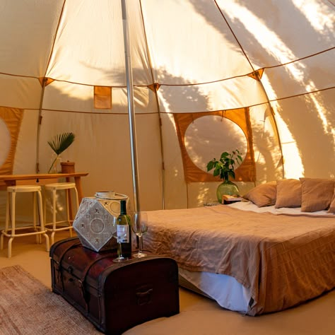 Classic Bell Tent - Boutique Camping Boho Glamping Tent, Glamping Tent Interior Ideas, Inside Tent Ideas Camping, Bell Tent Interior Ideas, Bajot Table, Tent Inside, Bell Tent Interior, Camping Interior, Bell Tent Glamping