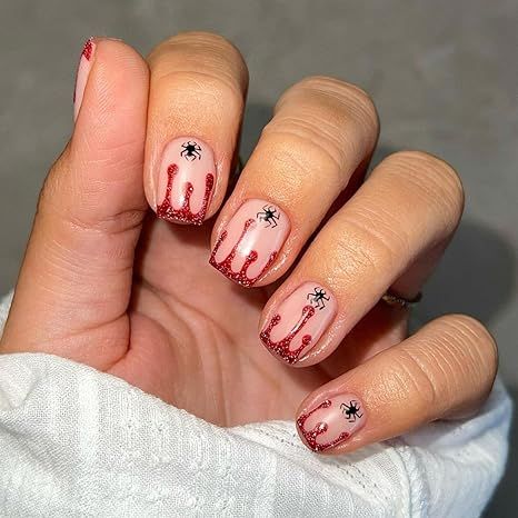 Fake Nails Kit with Glue, Spider Fall Design Blood Drop Press on Nails Natural Fit Nail Art Kit 24Pcs! Halloween Nails Diy, Nails Short Square, Halloween Manicure, Black Ghost, Halloween Press On Nails, Short Press On Nails, Press On Nails Short, Nail Type, Nails For Women