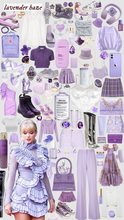 Lavender Haze mood board #purple #lavender #lavendar #taylor #swift #taylorswift #trending #viral Lavender Haze Concert Outfit, Taylor Swift Lavender Haze Outfit Ideas, Taylor Swift Era Outfits Speak Now, Lavender Haze Aesthetic Taylor Swift Outfit, Lavender Haze Aesthetic Outfit, Lavender Haze Inspired Outfits, Lavender Concert Outfit, Lavender Haze Outfit Ideas, Eras Tour Outfits Lavender Haze