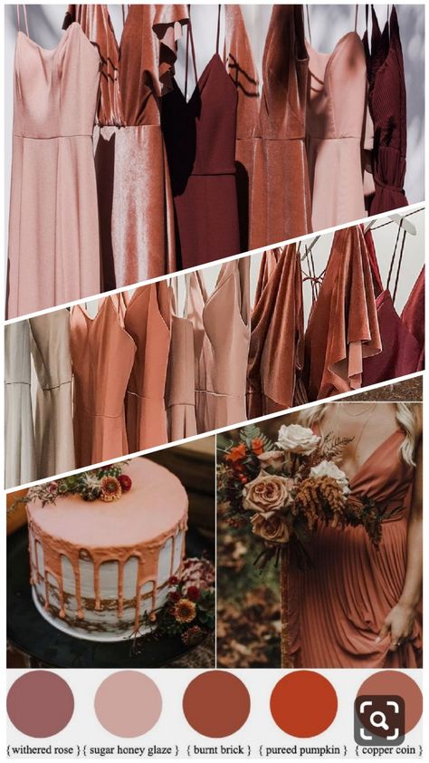 Dusty Rust Bridesmaid Dresses, Fall Wedding Colors October Bridal Party, Fall Tones Bridesmaid Dresses, Burgundy Blush Terracotta Wedding, Clay Wedding Color Scheme, Fall Wedding Colors October Blush Pink, October Wedding Colors 2023, Autumn Wedding Ideas October Receptions, Bridesmaid Dress Swatches Color Palettes