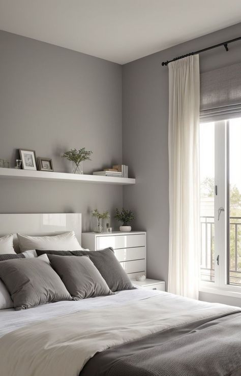 Grey Wall Ideas Bedroom, Grey Color Room Bedrooms, White Room With Grey Bed, White Grey Room Bedrooms, Bedroom Wall Colors Aesthetic, Grey Room Color Palette, Grey Wall White Furniture, Room Ideas For Couples Bedroom Cozy, Grey Room Ideas Bedroom Small Spaces