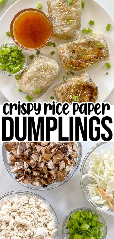 crispy rice paper rolls with tofu, cabbage, carrot, mushroom, sesame seeds, and green onion. Air Fryer Rice Paper Dumplings, Air Fryer Rice Paper Rolls, Rice Paper Air Fryer, Fried Rice Paper Rolls, Crispy Rice Paper Rolls, Air Fryer Rice, Crispy Rice Paper Dumplings, Crispy Rice Paper, Rice Paper Dumplings