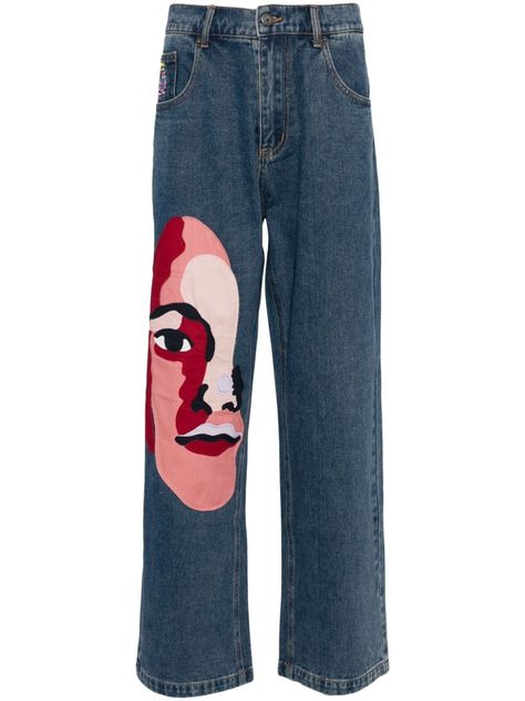 blue/multicolour cotton blend denim front button and zip fastening belt loops classic five pockets cartoon embroidery graphic print patch to the front logo patch to the rear straight leg Premium Denim Jeans, Cartoon Embroidery, Style Upgrade, Balenciaga Triple S, Brand Style, Colored Denim, Sweaters Knitwear, Premium Denim, Intricate Design