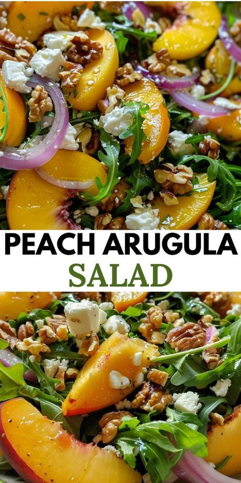 Arugula Summer Salad, Arugula Salad With Peaches, Summer Salad With Protein, Yummy Dinner Salads, Arugula And Peach Salad, Arugula Peach Burrata Salad, Fresh Peach Appetizers, Recipes With Arugula Meals, Green Salad With Peaches