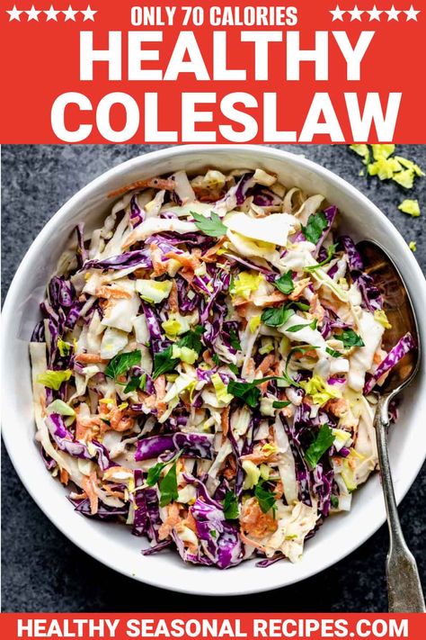 With thousands of shares, dozens of reviews and five-star ratings, you can be assured this creamy yet healthy coleslaw recipe will be the star of your summer cookouts, barbecues and picnics. Just chop, stir and serve! Only 70 calories per serving! Easy Healthy Coleslaw, Healthy Coleslaw Recipe, Healthy Coleslaw Recipes, Mexican Bean Salad, Healthy Coleslaw, Vinegar Salad Dressing, Vegan Potato Salads, Backyard Cookout, Vegan Potato